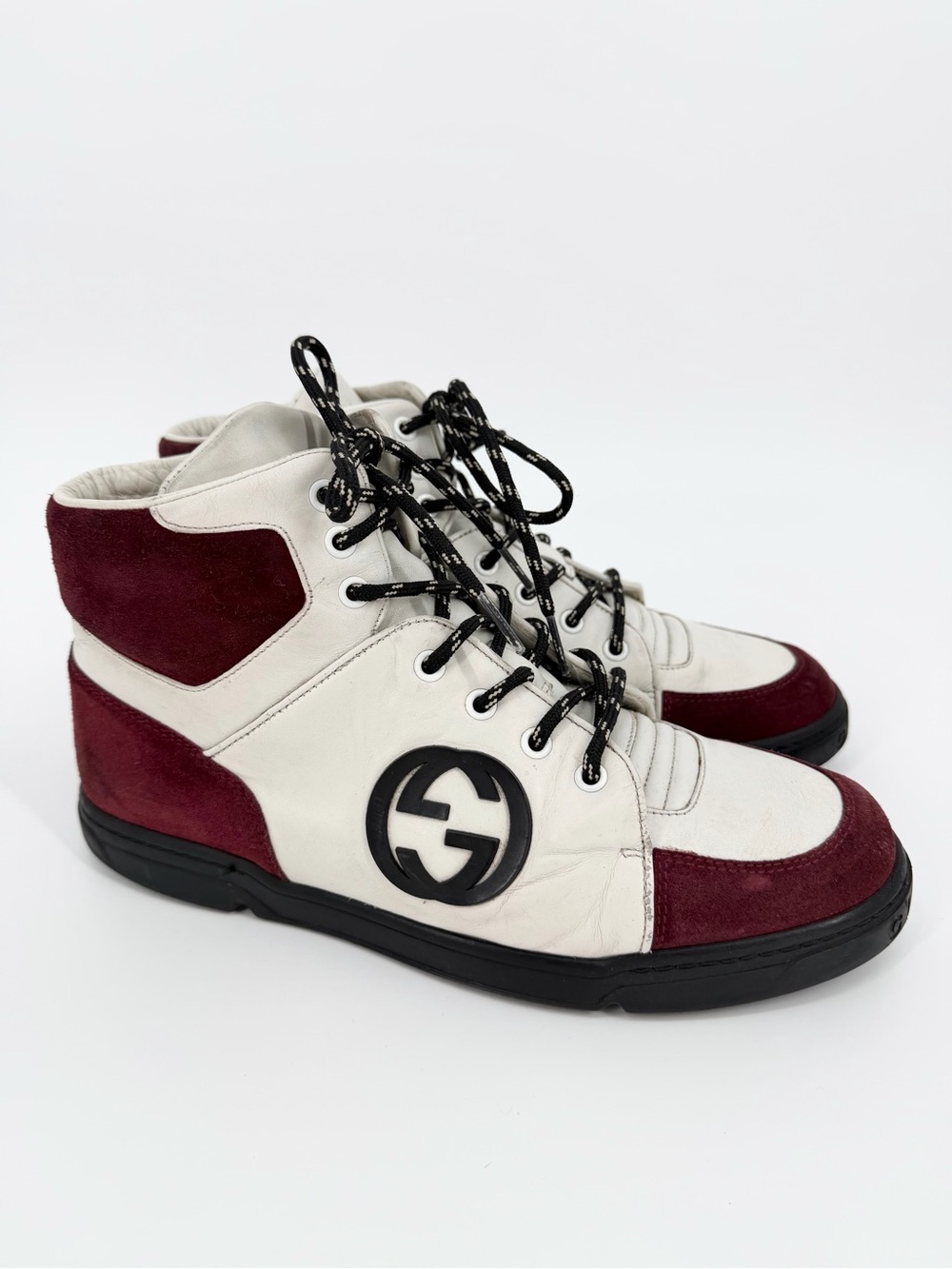 Gucci Burgundy/White GG Interlocking Leather Lace Up High Top Sneakers